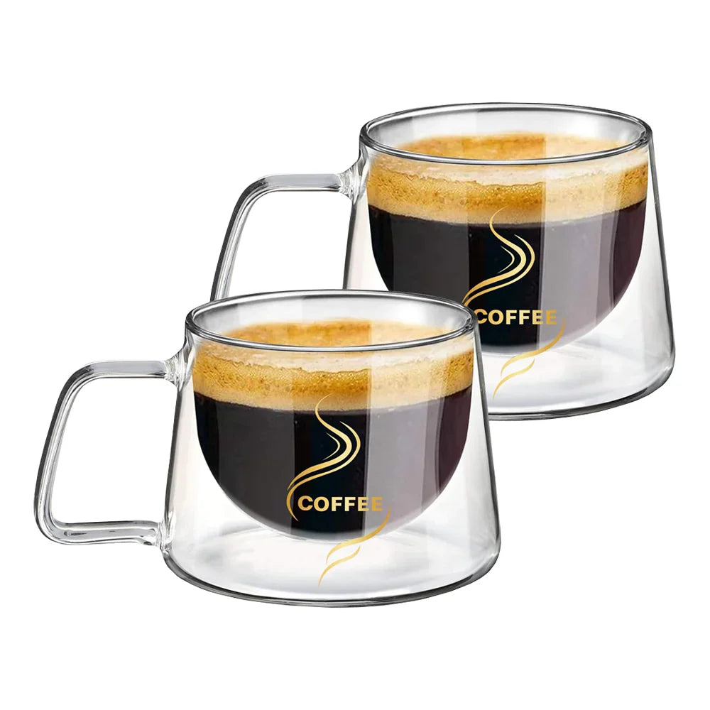 Set 2 Cani de Sticla cu Perete Dublu Teno PB20, model COFFEE, design modern, termorezistente, capacitate 200 ml