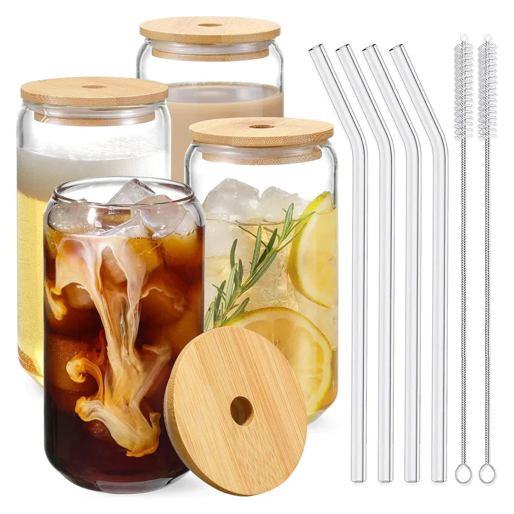 Set 4 Pahare de Sticla cu Capac si Pai Teno PB24, sticla borosilicata, perie curatare inclusa, capac, termorezistente, capacitate 500 ml