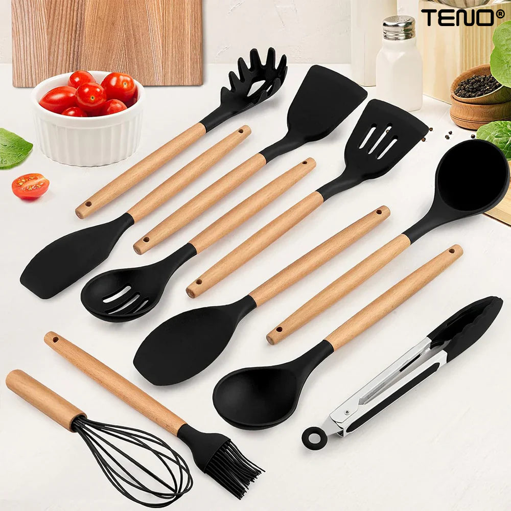 Set Ustensile Bucatarie 12 Piese Silicon Alimentar Teno PB12, termorezistente, suport inox, negru