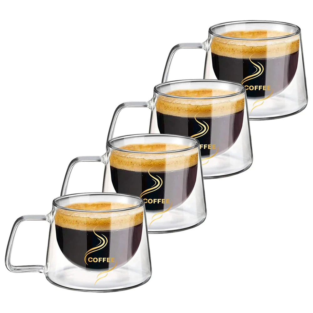 Set 4 Cani de Sticla cu Perete Dublu Teno PB21, model COFFEE, design modern, termorezistente, capacitate 200 ml